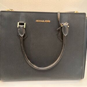 Michael Kors Sheila Medium Black Saffiano Satchel with Gold Hardware